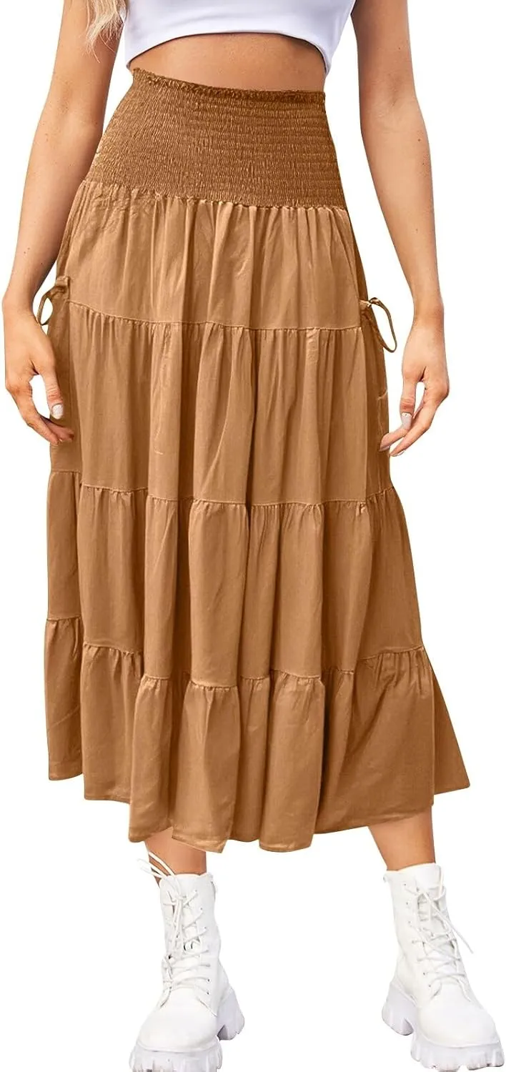 Womens Maxi Boho Skirt Long Pockets Hippie Bohemian Elastic Waist Gypsy Skirt Summer Flowy Pleated Tiered A Line Skirts