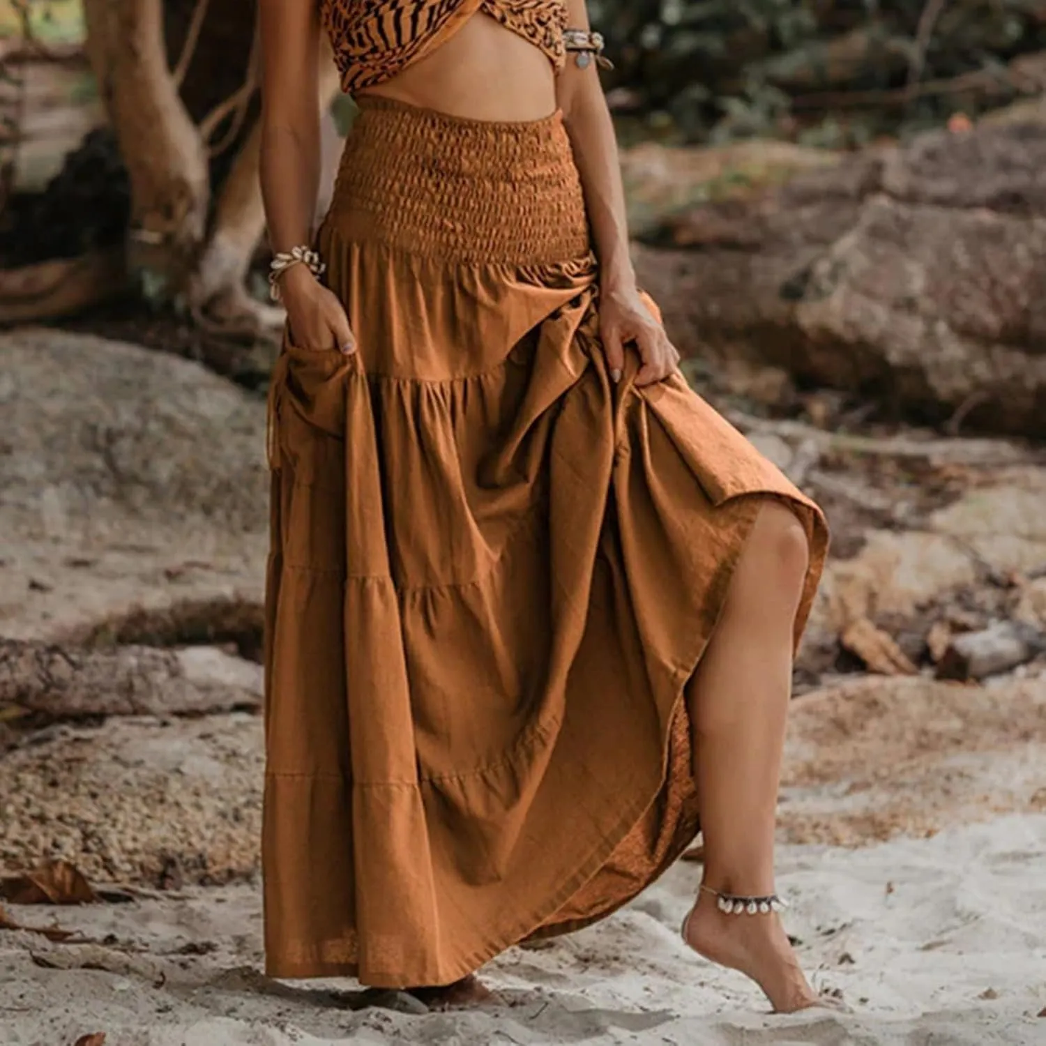 Womens Maxi Boho Skirt Long Pockets Hippie Bohemian Elastic Waist Gypsy Skirt Summer Flowy Pleated Tiered A Line Skirts