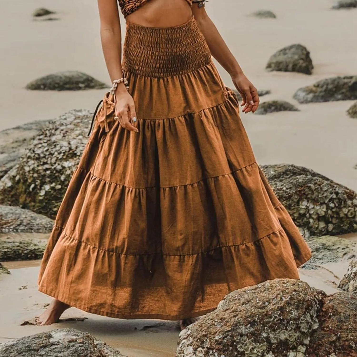 Womens Maxi Boho Skirt Long Pockets Hippie Bohemian Elastic Waist Gypsy Skirt Summer Flowy Pleated Tiered A Line Skirts