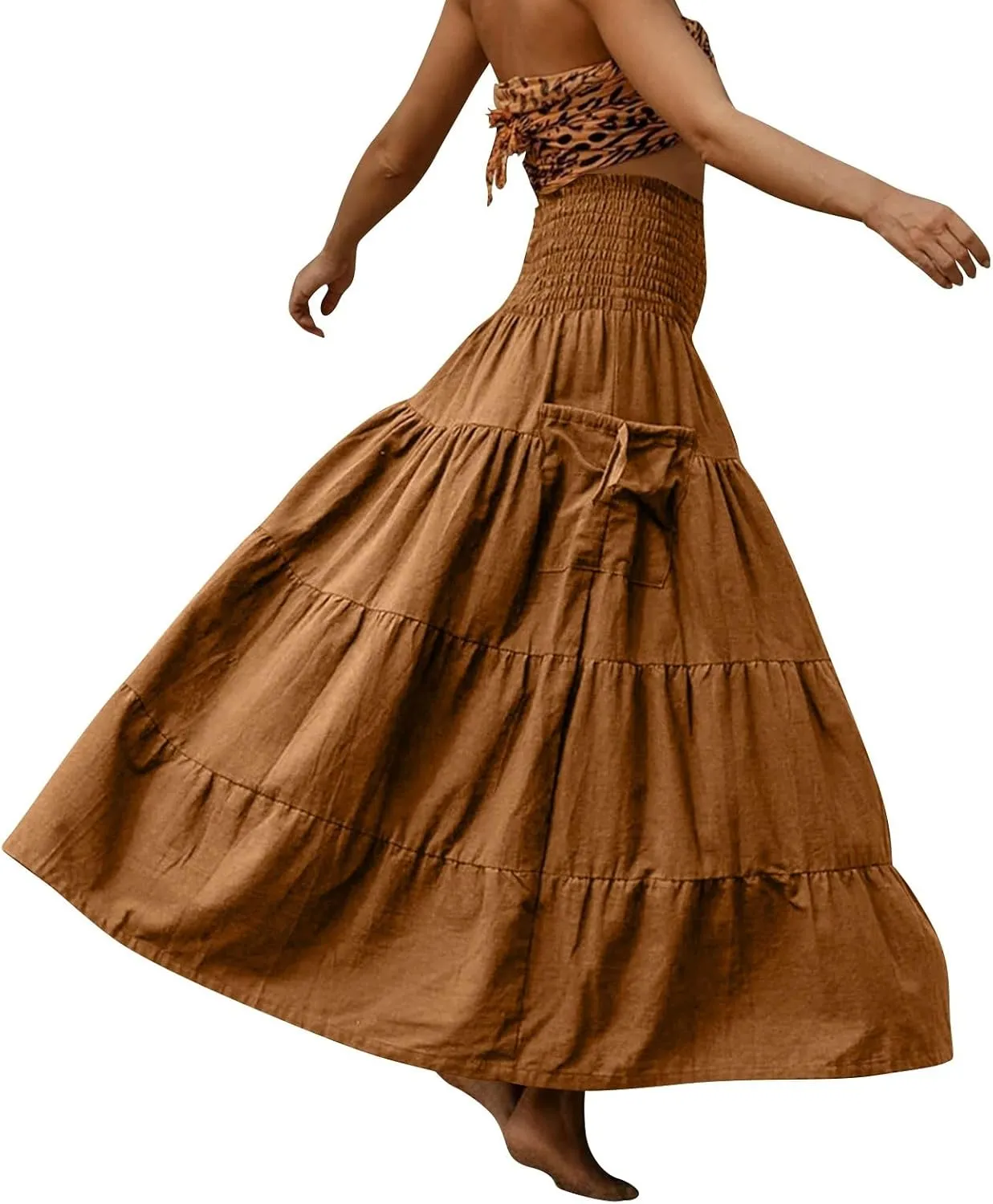 Womens Maxi Boho Skirt Long Pockets Hippie Bohemian Elastic Waist Gypsy Skirt Summer Flowy Pleated Tiered A Line Skirts