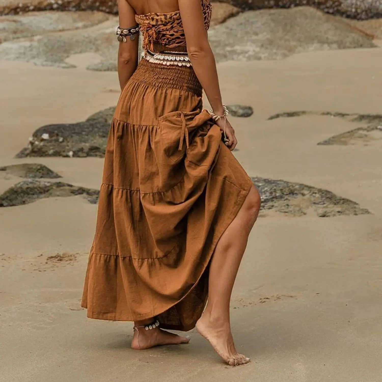 Womens Maxi Boho Skirt Long Pockets Hippie Bohemian Elastic Waist Gypsy Skirt Summer Flowy Pleated Tiered A Line Skirts