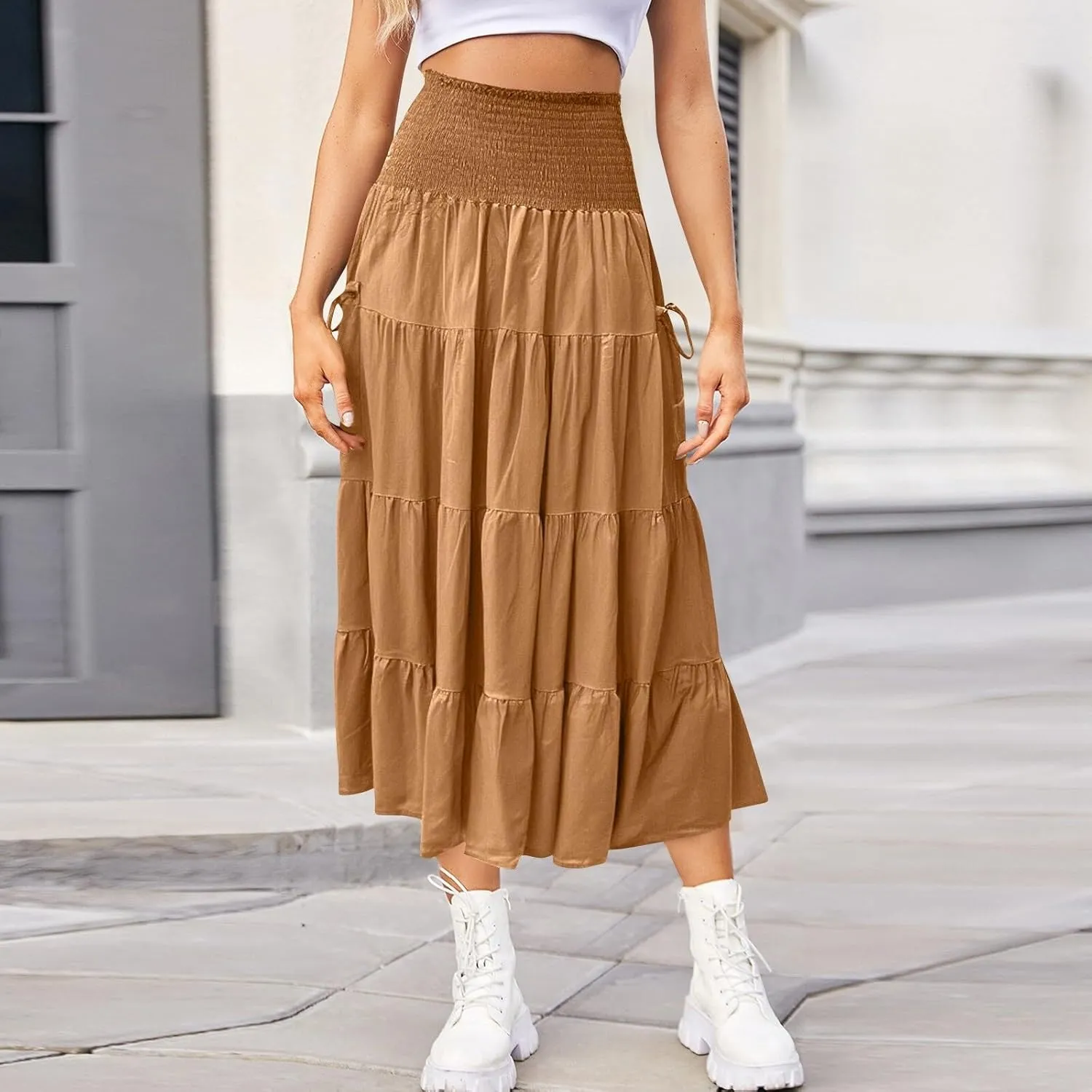 Womens Maxi Boho Skirt Long Pockets Hippie Bohemian Elastic Waist Gypsy Skirt Summer Flowy Pleated Tiered A Line Skirts