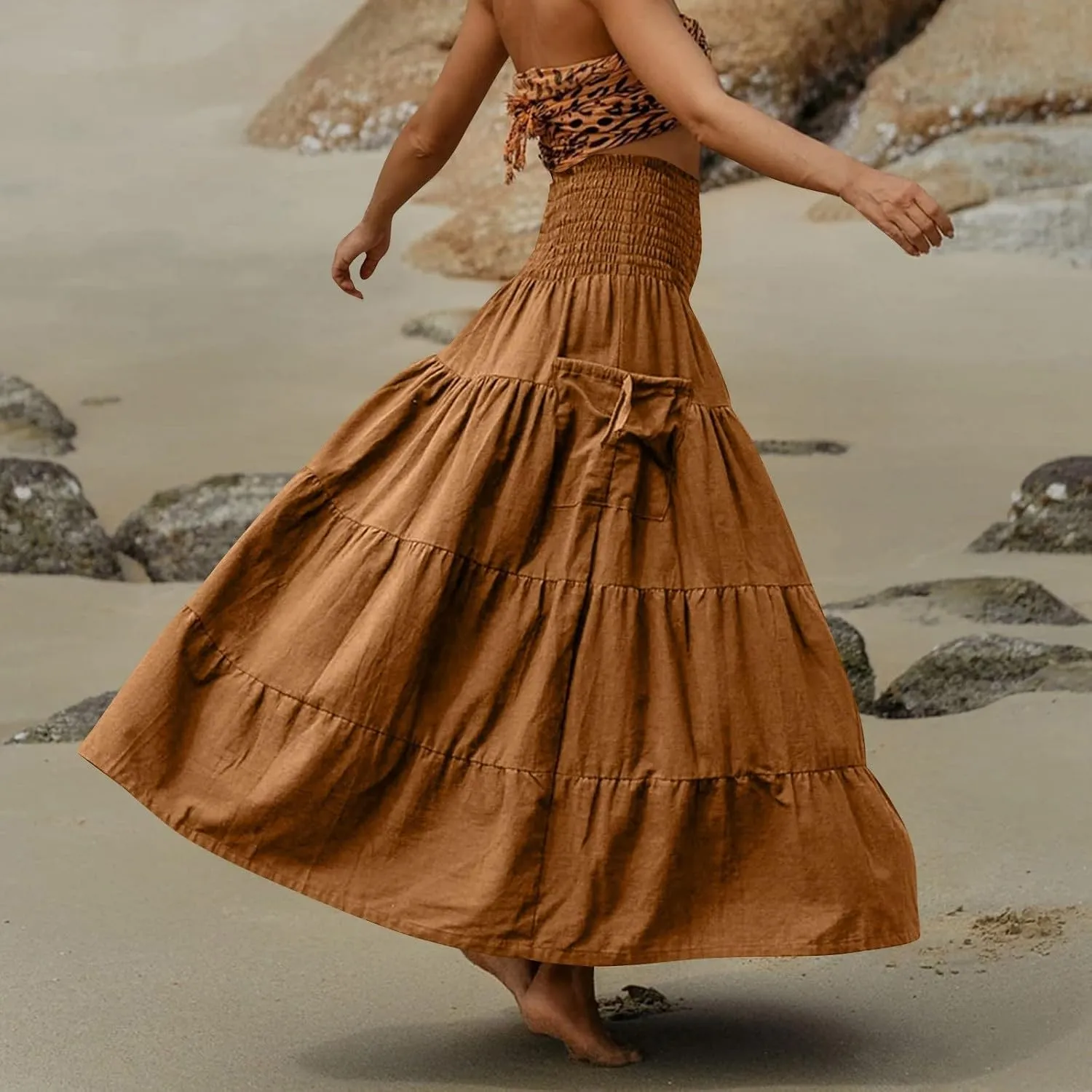 Womens Maxi Boho Skirt Long Pockets Hippie Bohemian Elastic Waist Gypsy Skirt Summer Flowy Pleated Tiered A Line Skirts