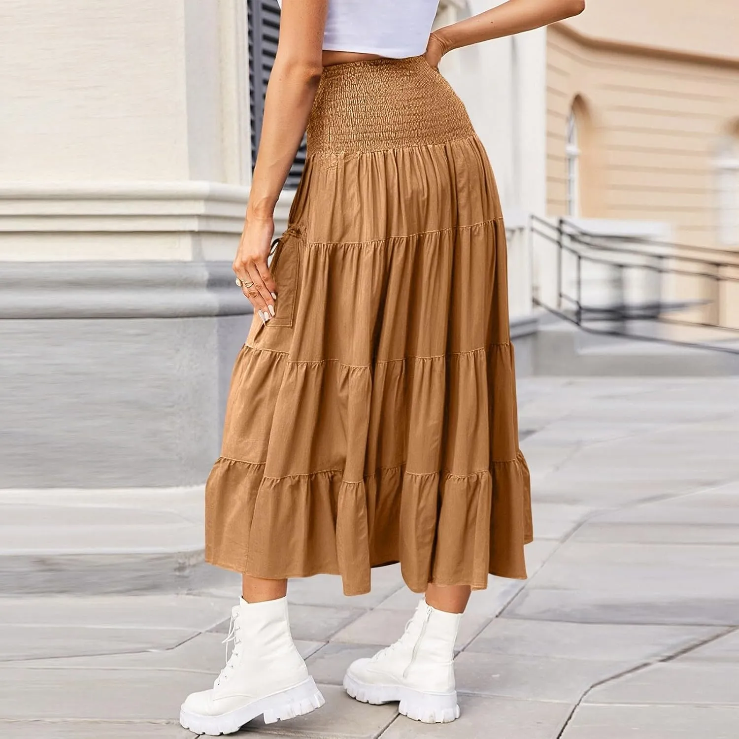 Womens Maxi Boho Skirt Long Pockets Hippie Bohemian Elastic Waist Gypsy Skirt Summer Flowy Pleated Tiered A Line Skirts