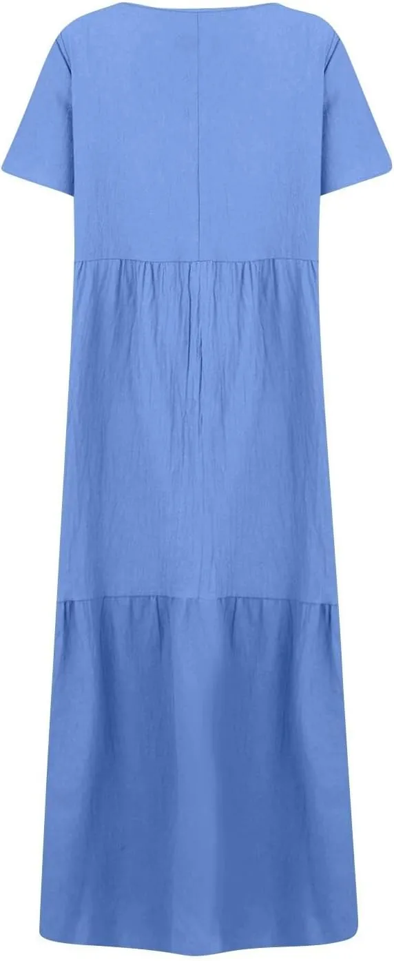 Womens Maxi Dress Summer V Neck Short Sleeve Dresses Plus Size Casual Loose Pleated Vacation Sundress Flowy Dresses