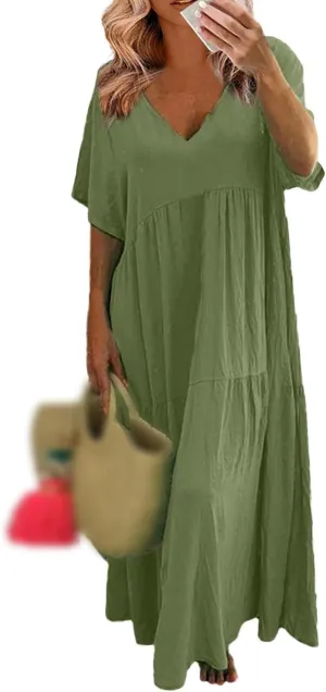 Womens Maxi Dress Summer V Neck Short Sleeve Dresses Plus Size Casual Loose Pleated Vacation Sundress Flowy Dresses