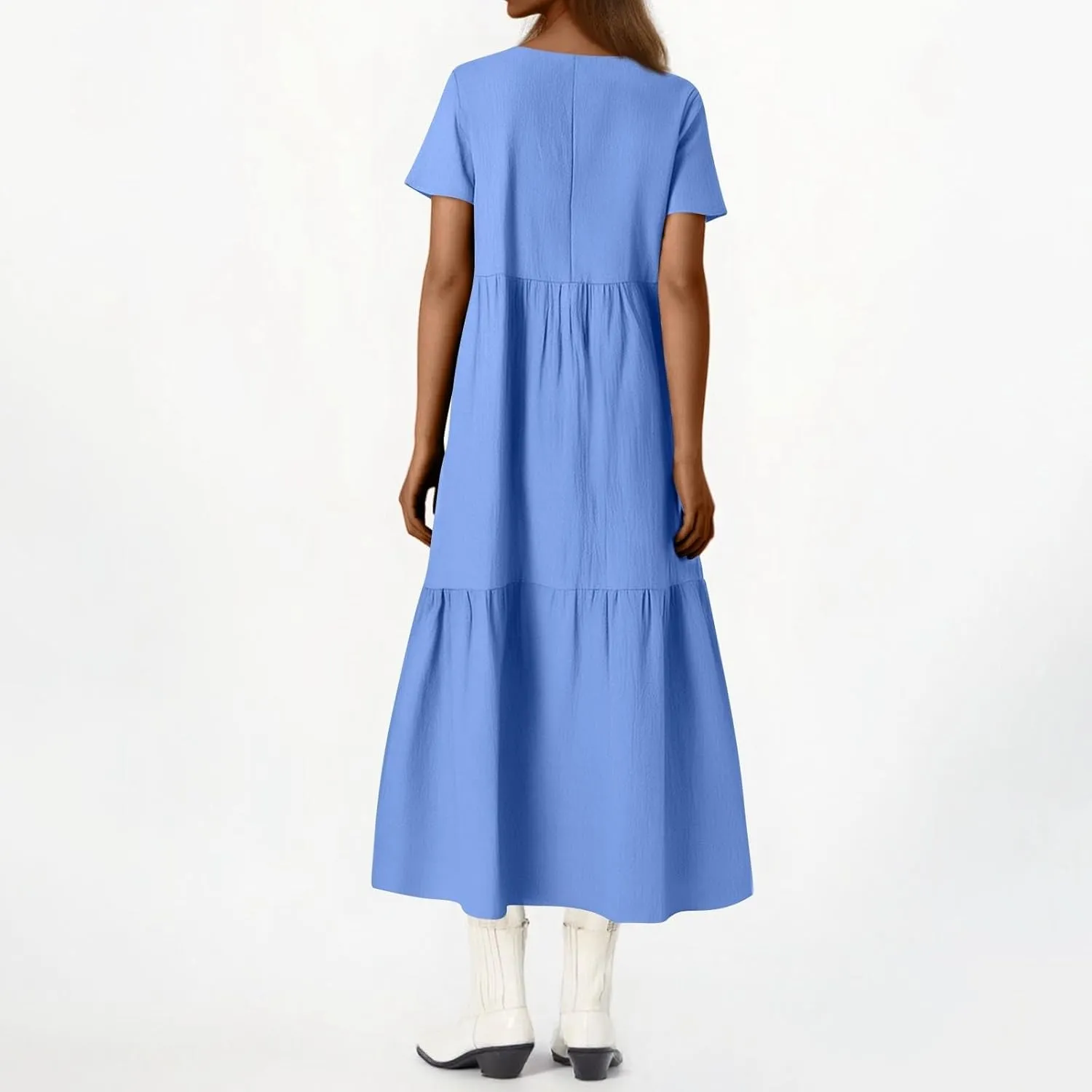 Womens Maxi Dress Summer V Neck Short Sleeve Dresses Plus Size Casual Loose Pleated Vacation Sundress Flowy Dresses