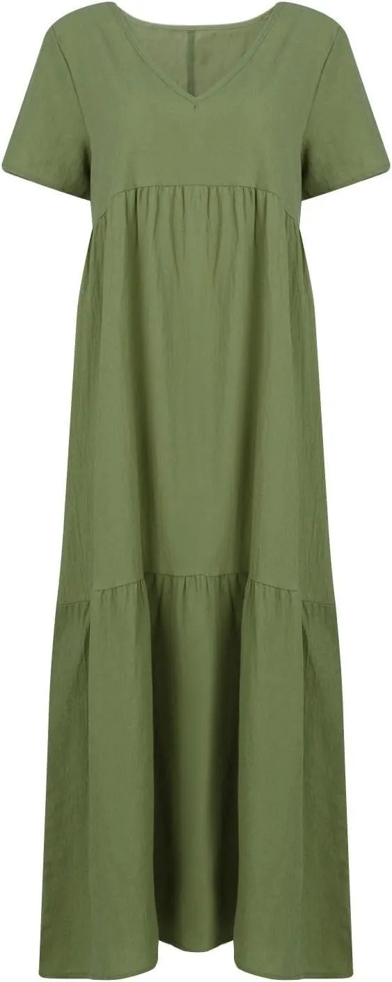 Womens Maxi Dress Summer V Neck Short Sleeve Dresses Plus Size Casual Loose Pleated Vacation Sundress Flowy Dresses