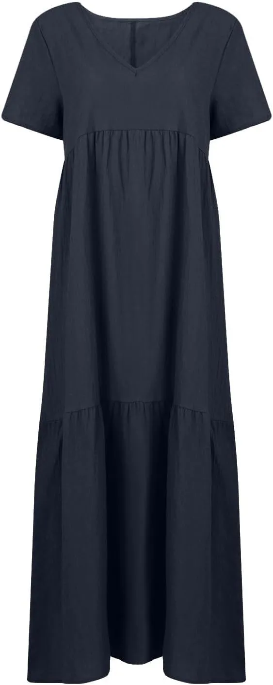 Womens Maxi Dress Summer V Neck Short Sleeve Dresses Plus Size Casual Loose Pleated Vacation Sundress Flowy Dresses