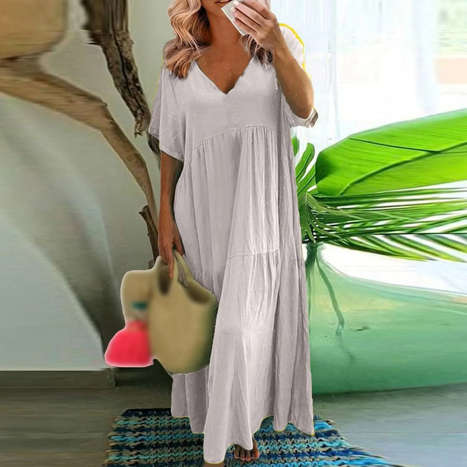Womens Maxi Dress Summer V Neck Short Sleeve Dresses Plus Size Casual Loose Pleated Vacation Sundress Flowy Dresses