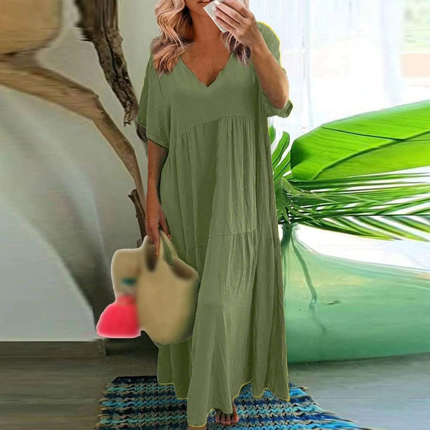Womens Maxi Dress Summer V Neck Short Sleeve Dresses Plus Size Casual Loose Pleated Vacation Sundress Flowy Dresses