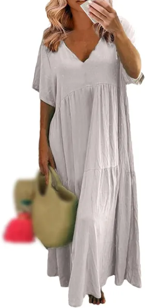 Womens Maxi Dress Summer V Neck Short Sleeve Dresses Plus Size Casual Loose Pleated Vacation Sundress Flowy Dresses