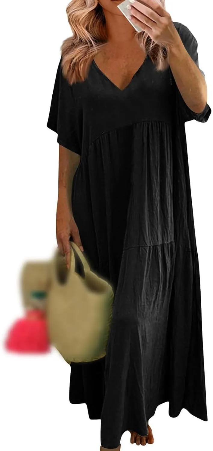 Womens Maxi Dress Summer V Neck Short Sleeve Dresses Plus Size Casual Loose Pleated Vacation Sundress Flowy Dresses