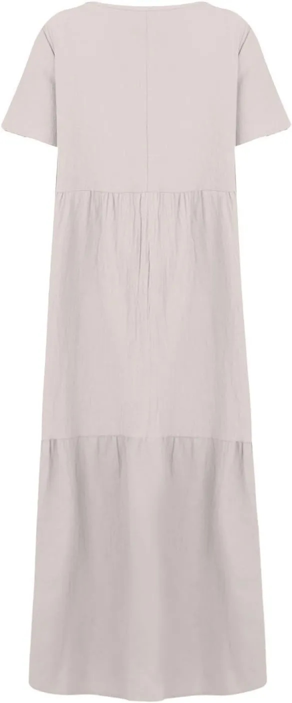 Womens Maxi Dress Summer V Neck Short Sleeve Dresses Plus Size Casual Loose Pleated Vacation Sundress Flowy Dresses
