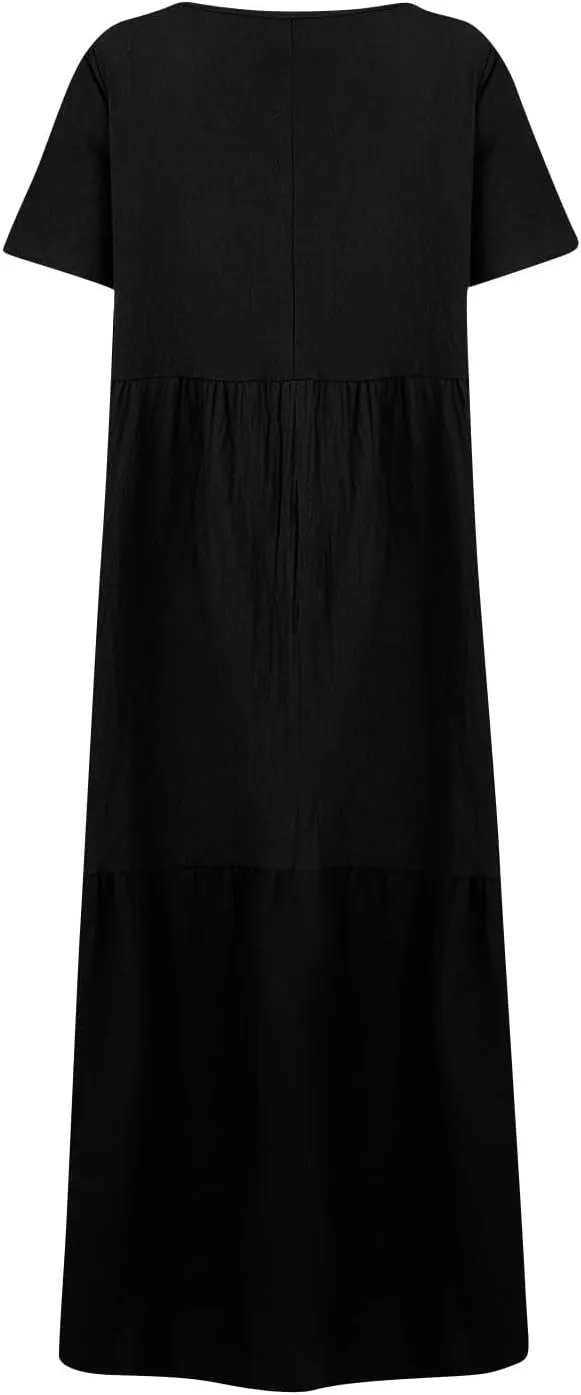 Womens Maxi Dress Summer V Neck Short Sleeve Dresses Plus Size Casual Loose Pleated Vacation Sundress Flowy Dresses