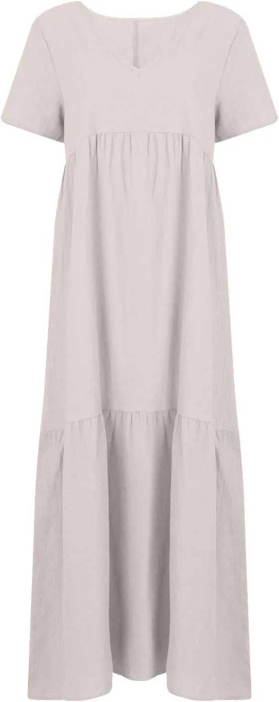 Womens Maxi Dress Summer V Neck Short Sleeve Dresses Plus Size Casual Loose Pleated Vacation Sundress Flowy Dresses