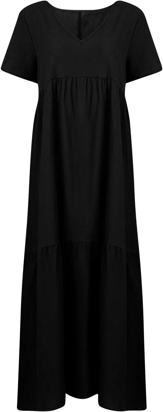 Womens Maxi Dress Summer V Neck Short Sleeve Dresses Plus Size Casual Loose Pleated Vacation Sundress Flowy Dresses