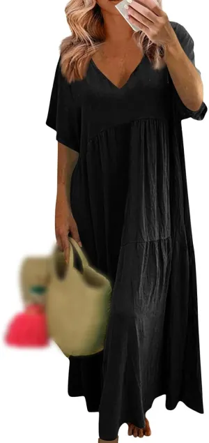 Womens Maxi Dress Summer V Neck Short Sleeve Dresses Plus Size Casual Loose Pleated Vacation Sundress Flowy Dresses