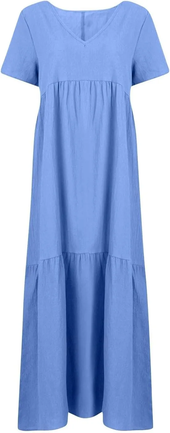 Womens Maxi Dress Summer V Neck Short Sleeve Dresses Plus Size Casual Loose Pleated Vacation Sundress Flowy Dresses
