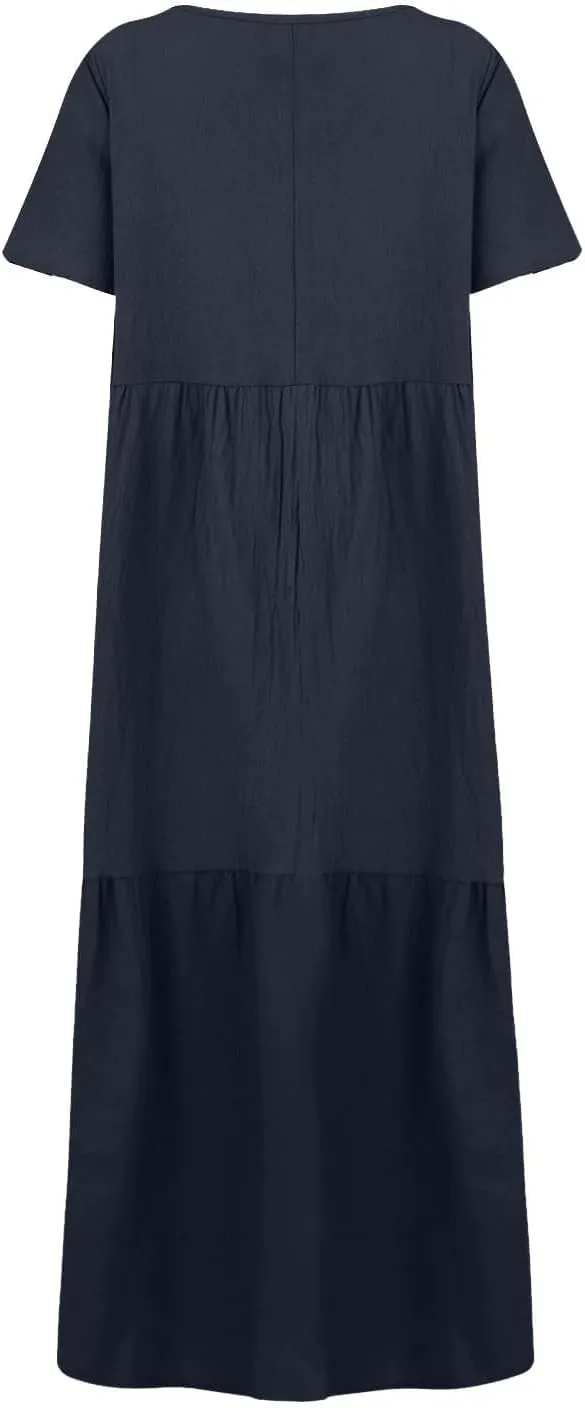 Womens Maxi Dress Summer V Neck Short Sleeve Dresses Plus Size Casual Loose Pleated Vacation Sundress Flowy Dresses