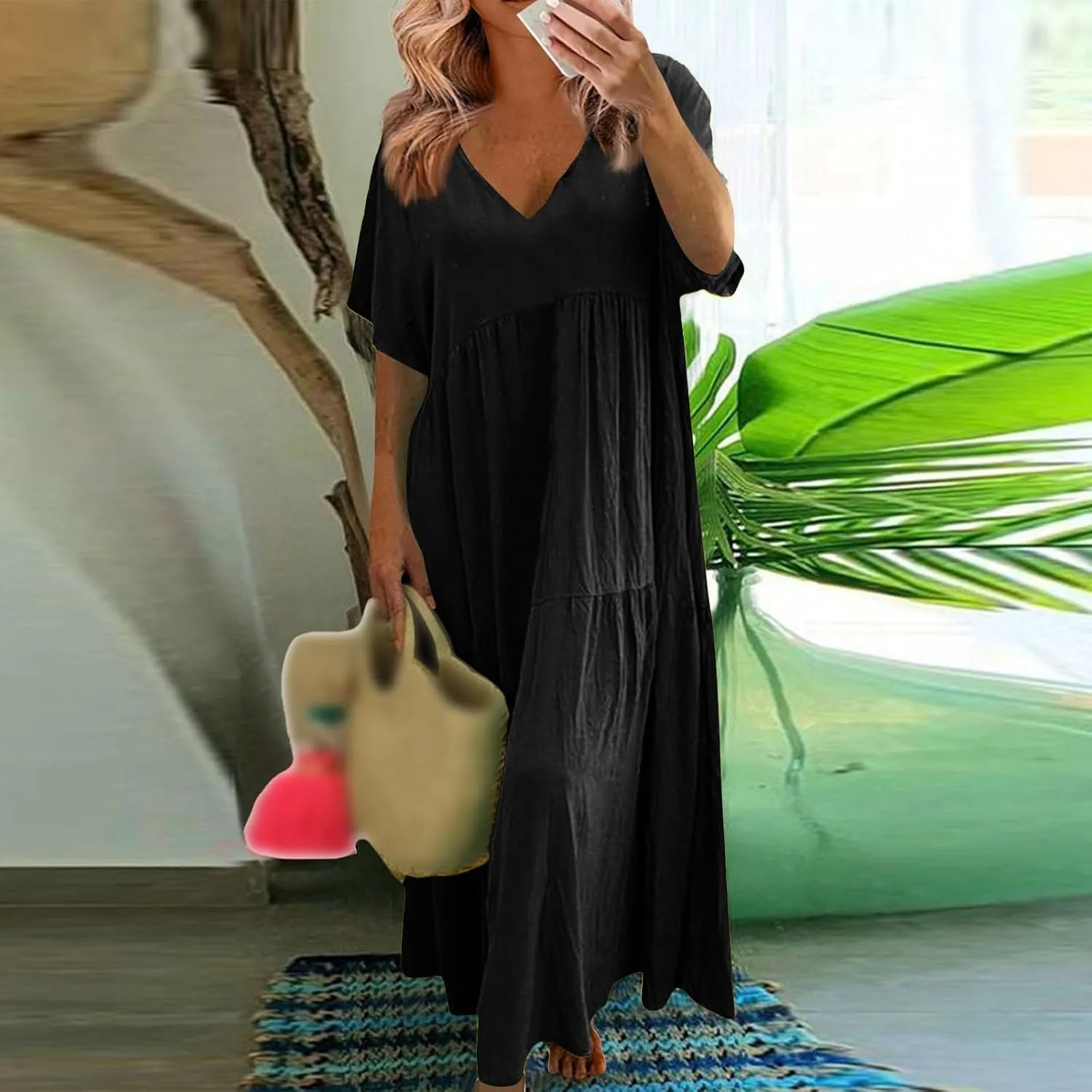 Womens Maxi Dress Summer V Neck Short Sleeve Dresses Plus Size Casual Loose Pleated Vacation Sundress Flowy Dresses
