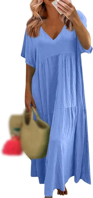 Womens Maxi Dress Summer V Neck Short Sleeve Dresses Plus Size Casual Loose Pleated Vacation Sundress Flowy Dresses