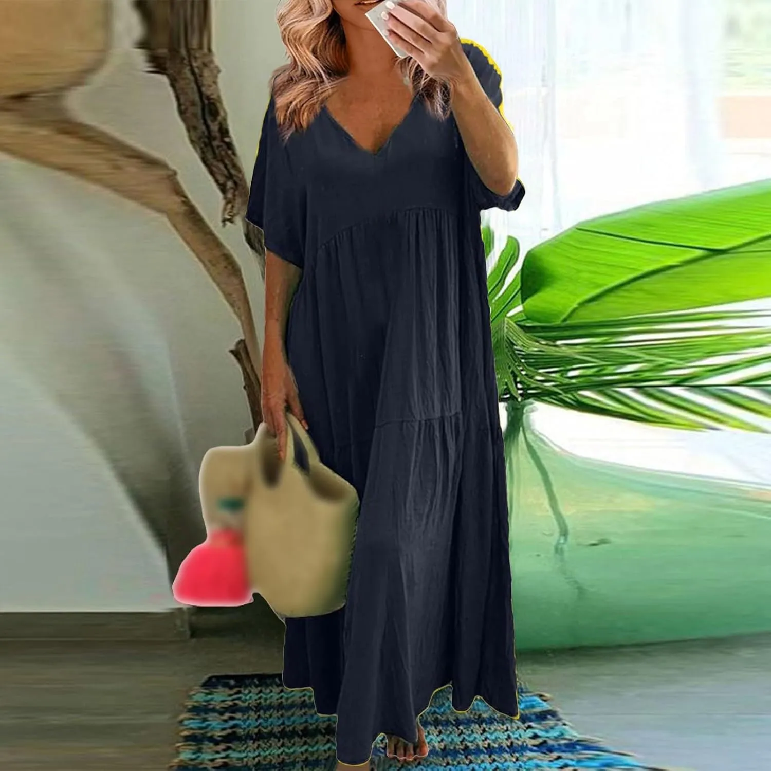 Womens Maxi Dress Summer V Neck Short Sleeve Dresses Plus Size Casual Loose Pleated Vacation Sundress Flowy Dresses