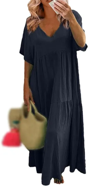 Womens Maxi Dress Summer V Neck Short Sleeve Dresses Plus Size Casual Loose Pleated Vacation Sundress Flowy Dresses