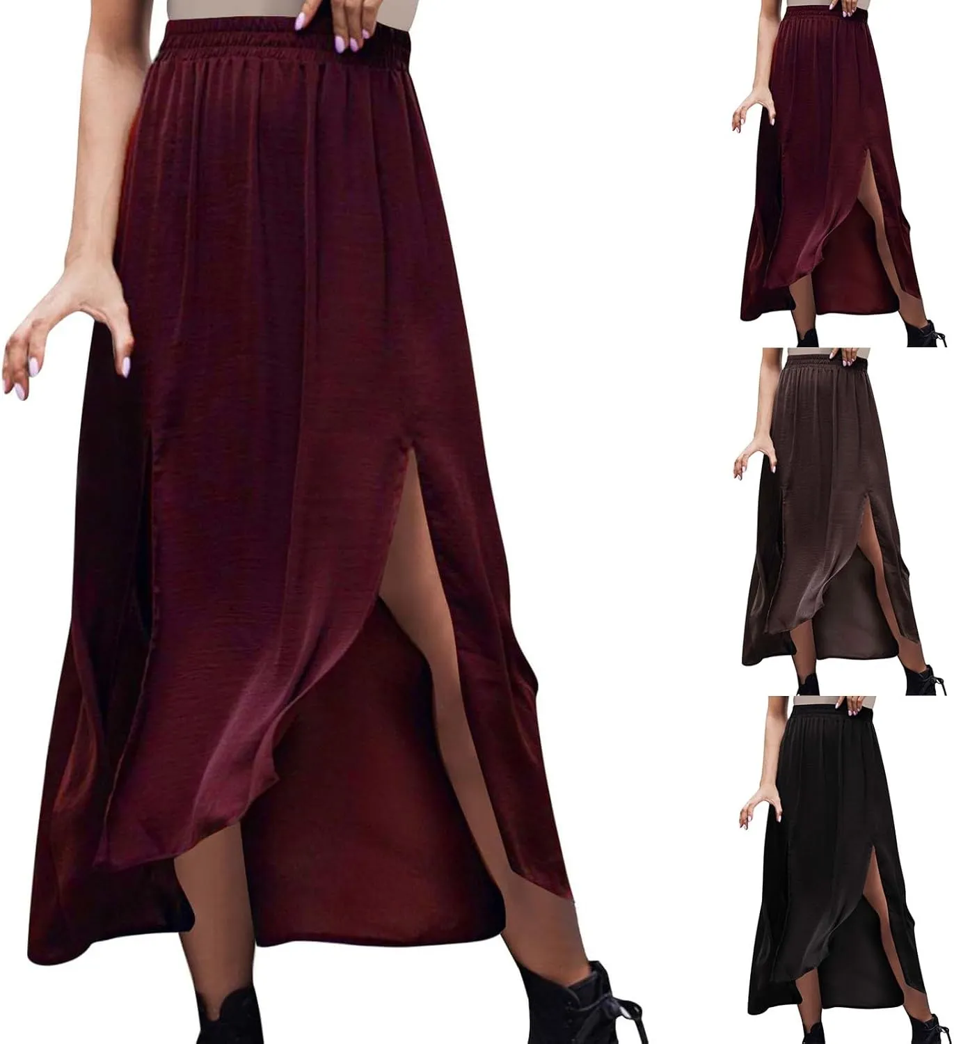 Womens Maxi Skirt Casual Flowy Split Ruffle High Low Beach Skirts Elastic High Waist Pleated A Line Long Skirts