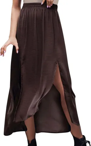 Womens Maxi Skirt Casual Flowy Split Ruffle High Low Beach Skirts Elastic High Waist Pleated A Line Long Skirts