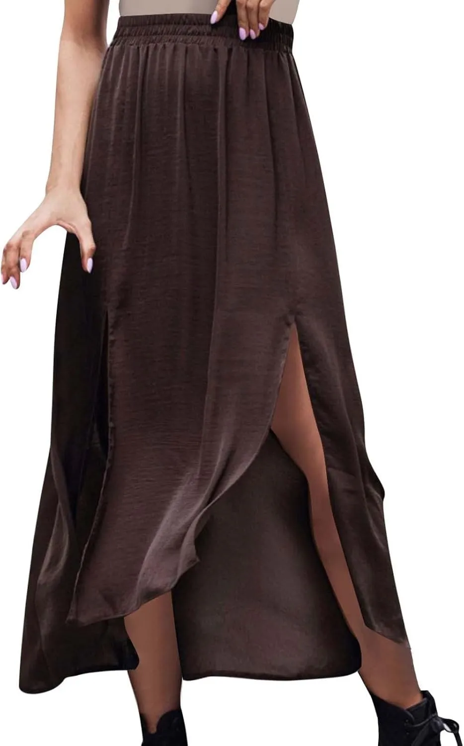 Womens Maxi Skirt Casual Flowy Split Ruffle High Low Beach Skirts Elastic High Waist Pleated A Line Long Skirts