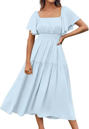 Womens Midi Dress Summer Suqare Neck Ruffle Short Sleeve Dresses Casual High Waist Tunic Tiered Beach Smocked Dress