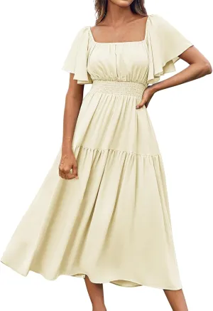 Womens Midi Dress Summer Suqare Neck Ruffle Short Sleeve Dresses Casual High Waist Tunic Tiered Beach Smocked Dress