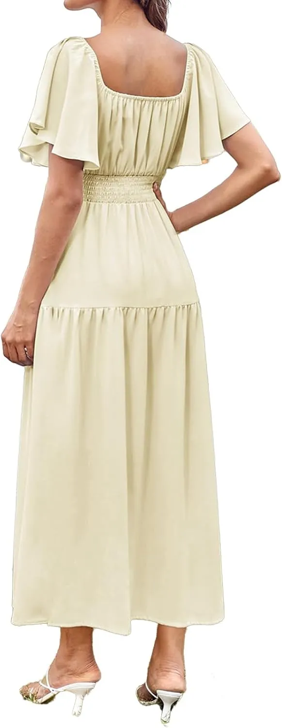 Womens Midi Dress Summer Suqare Neck Ruffle Short Sleeve Dresses Casual High Waist Tunic Tiered Beach Smocked Dress