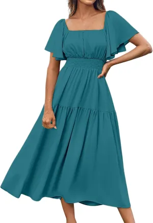Womens Midi Dress Summer Suqare Neck Ruffle Short Sleeve Dresses Casual High Waist Tunic Tiered Beach Smocked Dress