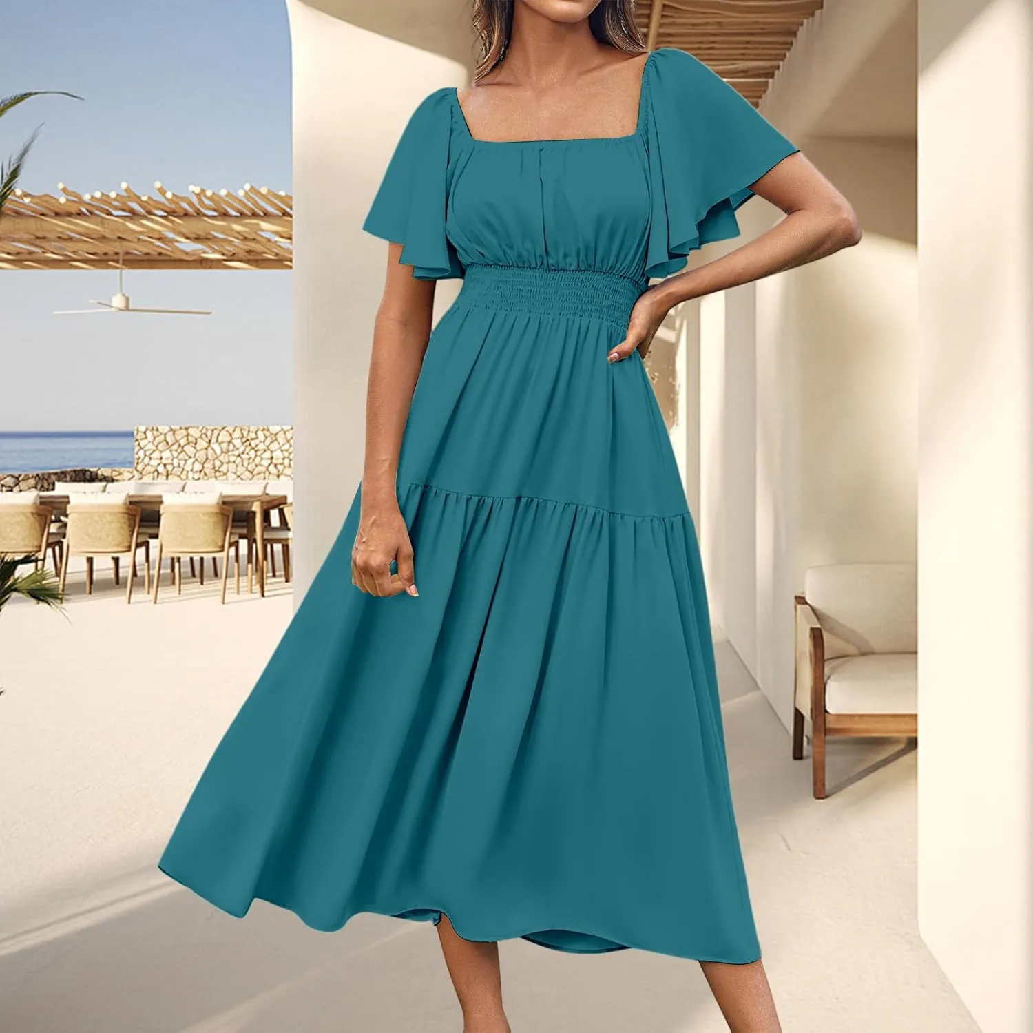 Womens Midi Dress Summer Suqare Neck Ruffle Short Sleeve Dresses Casual High Waist Tunic Tiered Beach Smocked Dress