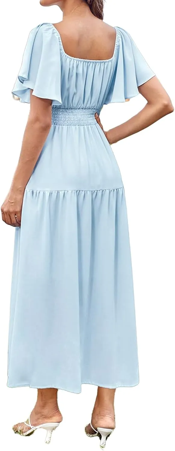 Womens Midi Dress Summer Suqare Neck Ruffle Short Sleeve Dresses Casual High Waist Tunic Tiered Beach Smocked Dress
