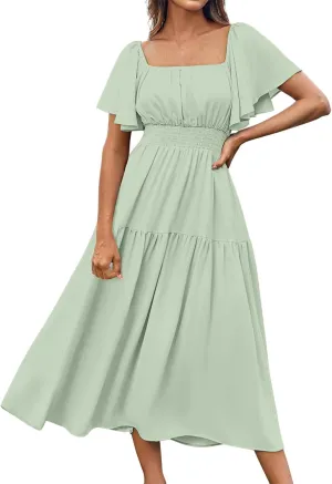 Womens Midi Dress Summer Suqare Neck Ruffle Short Sleeve Dresses Casual High Waist Tunic Tiered Beach Smocked Dress