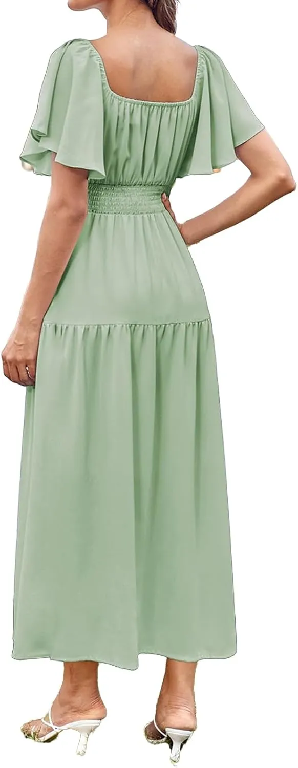 Womens Midi Dress Summer Suqare Neck Ruffle Short Sleeve Dresses Casual High Waist Tunic Tiered Beach Smocked Dress