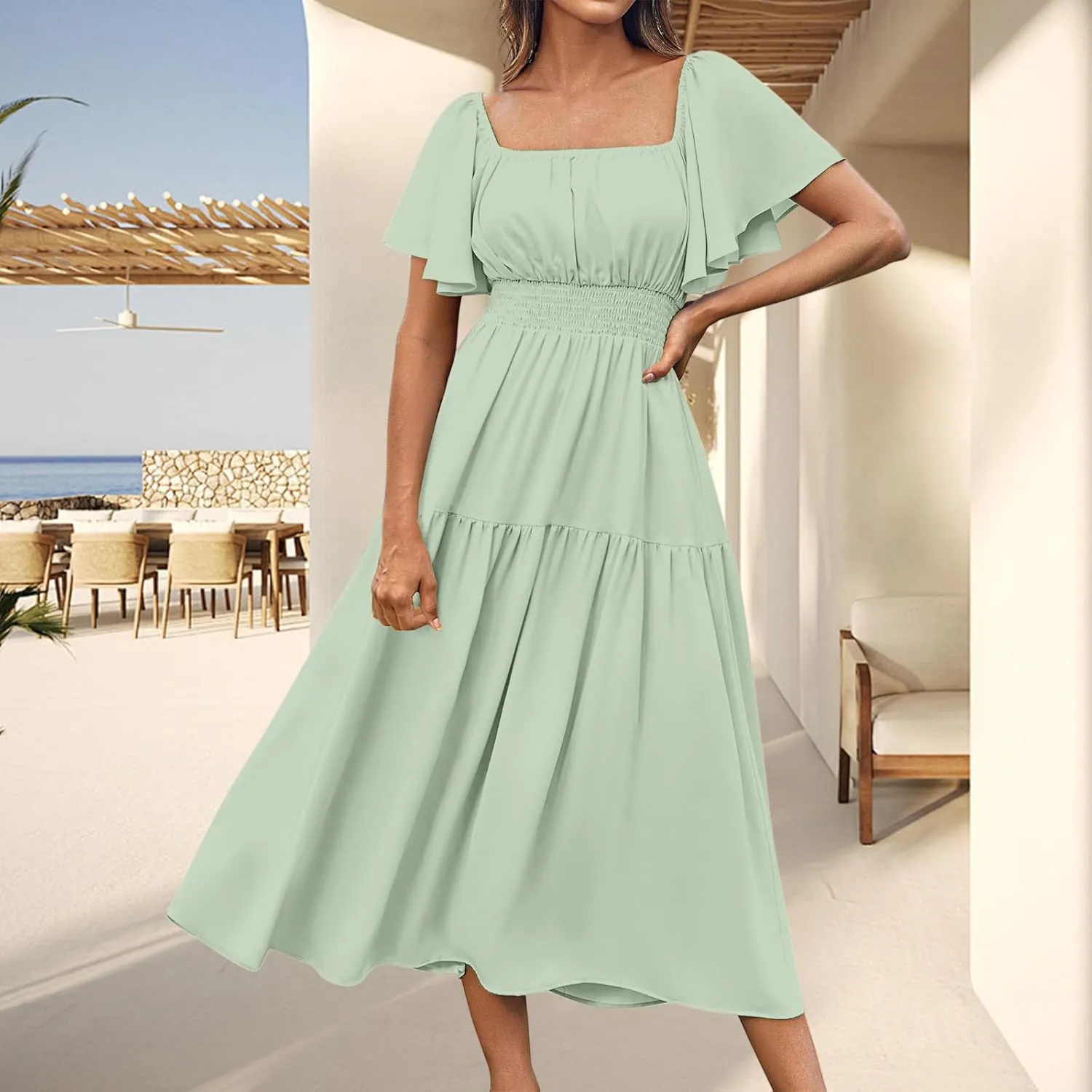Womens Midi Dress Summer Suqare Neck Ruffle Short Sleeve Dresses Casual High Waist Tunic Tiered Beach Smocked Dress
