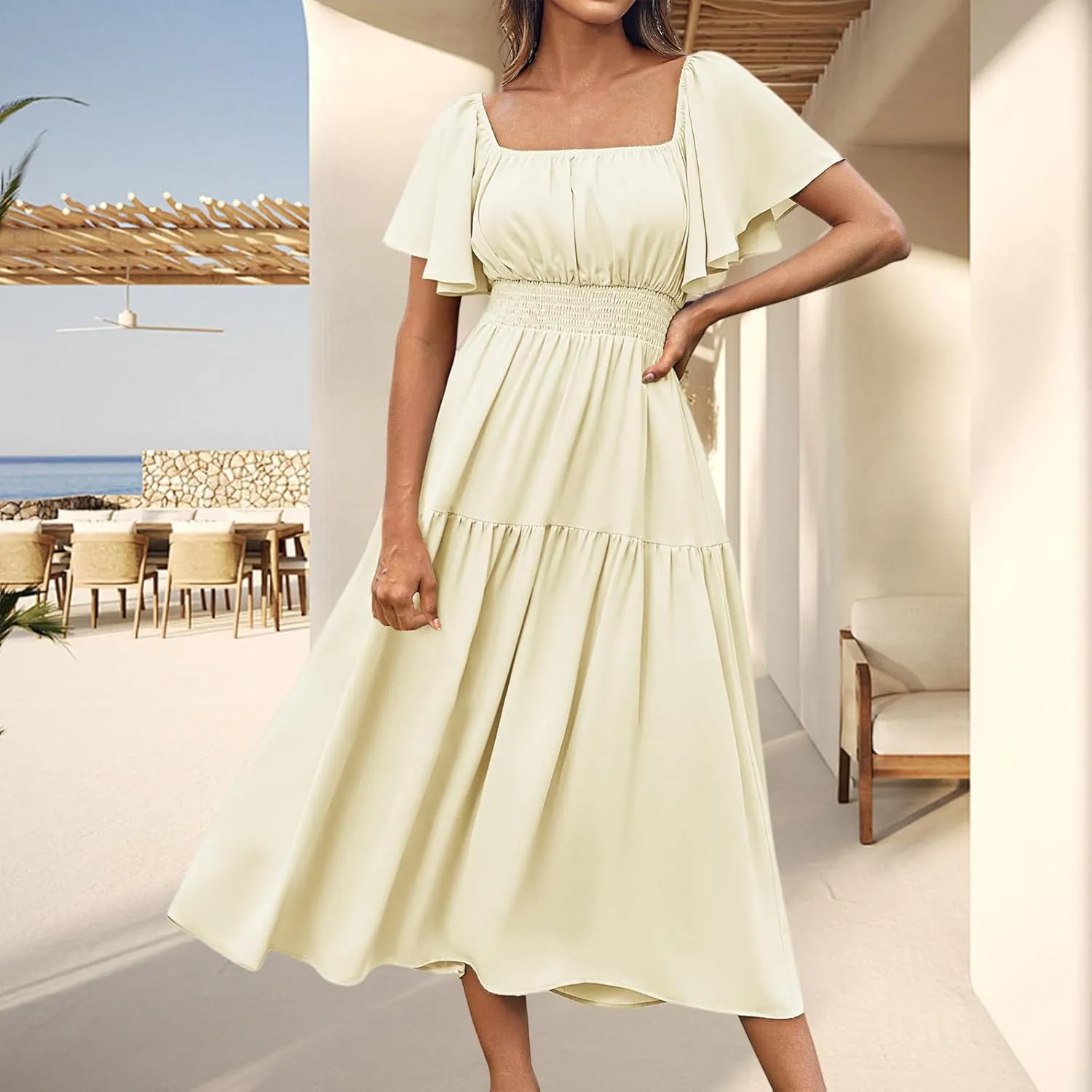 Womens Midi Dress Summer Suqare Neck Ruffle Short Sleeve Dresses Casual High Waist Tunic Tiered Beach Smocked Dress