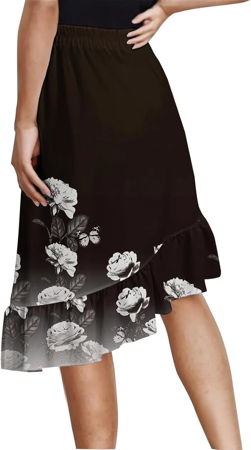 Women's Midi Skirt Boho Floral Maxi Skirt Summer Asymmetrical High Low Hem Flowy Dress Elegant Beach Vacation Clothing