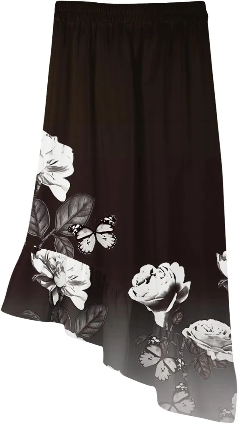 Women's Midi Skirt Boho Floral Maxi Skirt Summer Asymmetrical High Low Hem Flowy Dress Elegant Beach Vacation Clothing