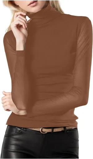 Women's Mock Turtleneck Sheer Mesh Top Stretch Layering Blouse Long Sleeve Bodycon Shirt Summer Casual Tops for