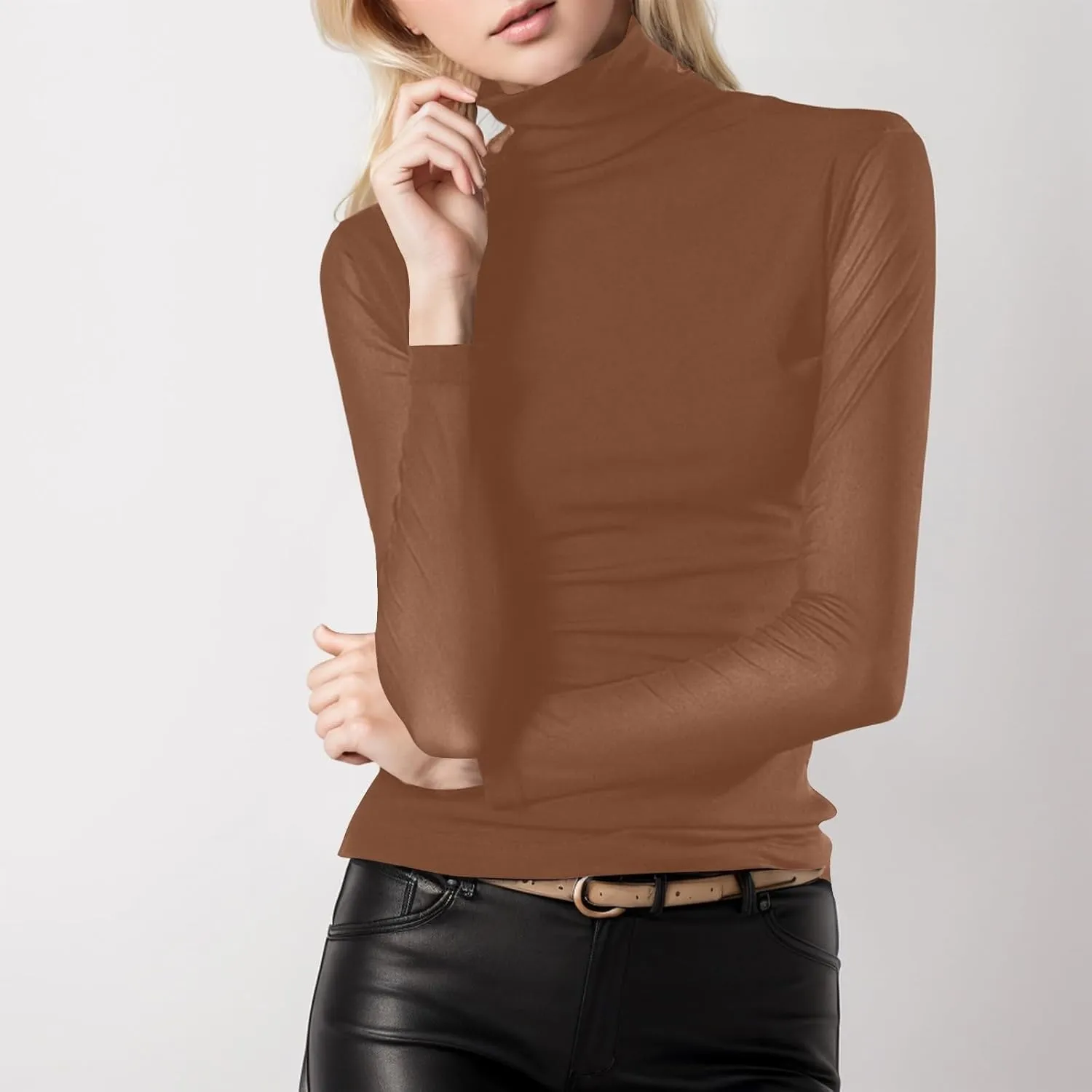 Women's Mock Turtleneck Sheer Mesh Top Stretch Layering Blouse Long Sleeve Bodycon Shirt Summer Casual Tops for