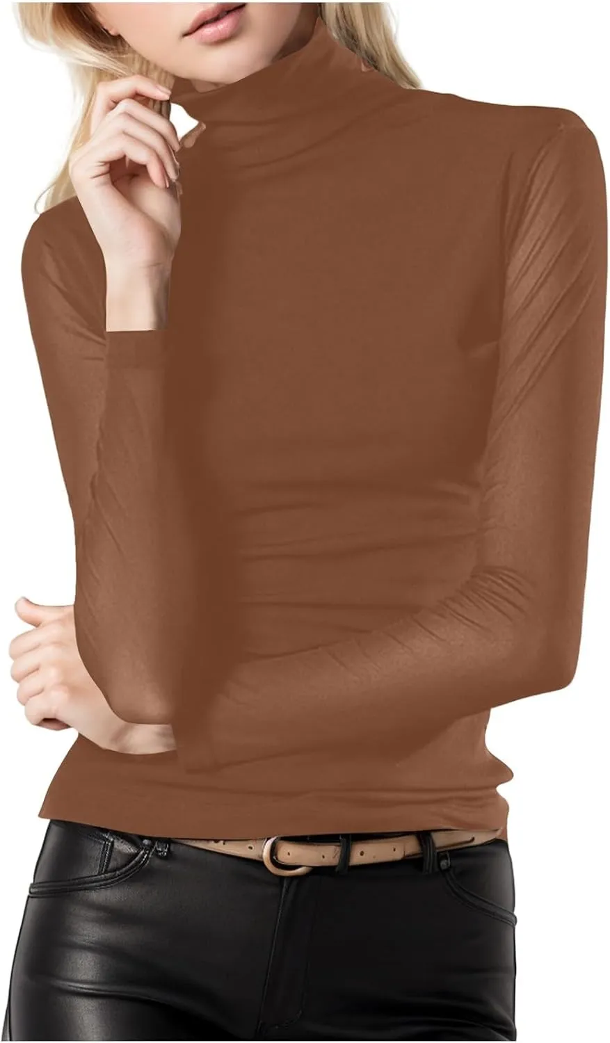 Women's Mock Turtleneck Sheer Mesh Top Stretch Layering Blouse Long Sleeve Bodycon Shirt Summer Casual Tops for