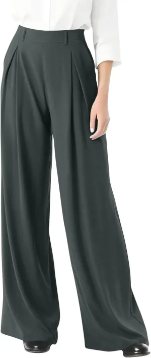 Women's Office Work Pants Drape High Waisted Business Casual Loose Straight Wide Leg Long Dress Trousers with Pocket