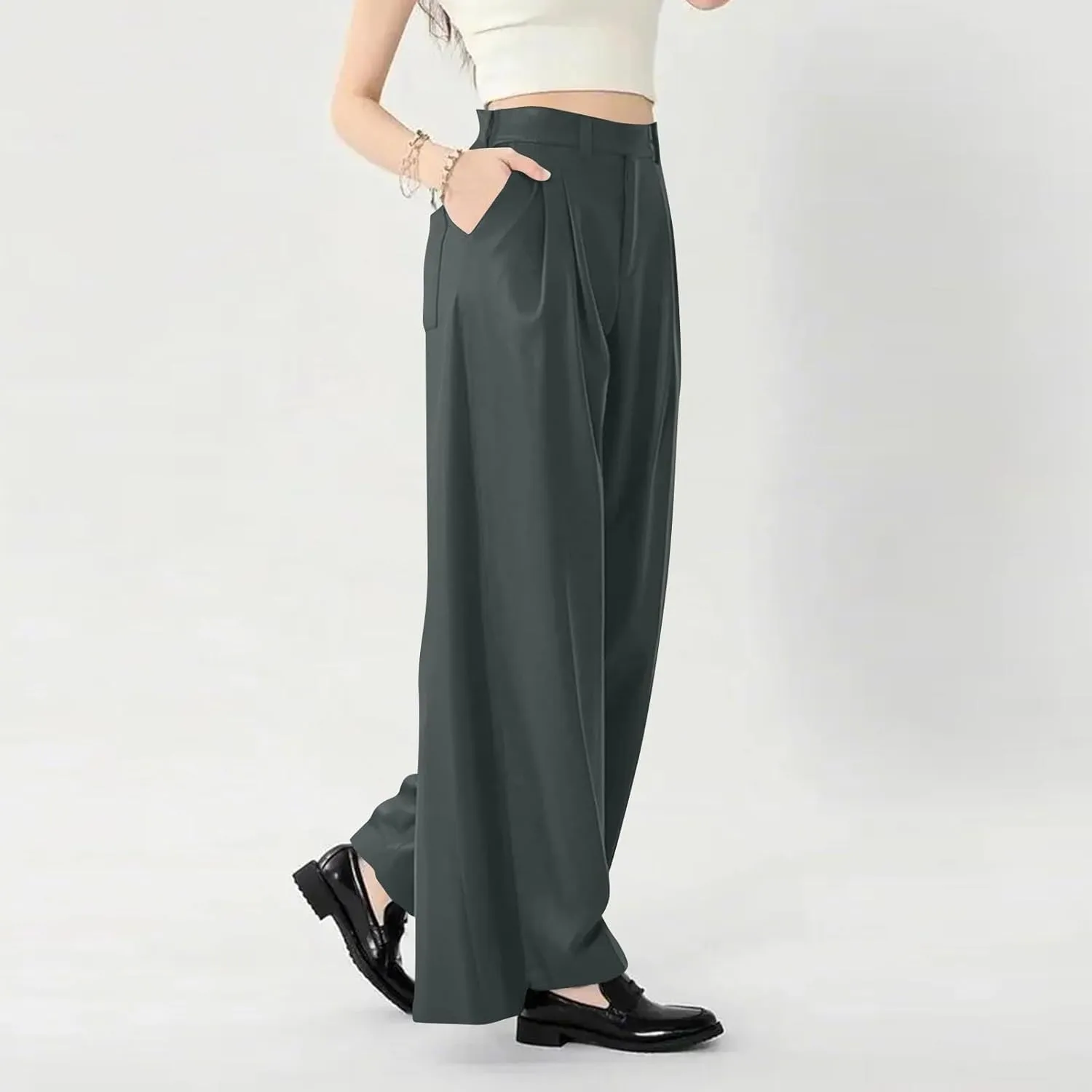Women's Office Work Pants Drape High Waisted Business Casual Loose Straight Wide Leg Long Dress Trousers with Pocket