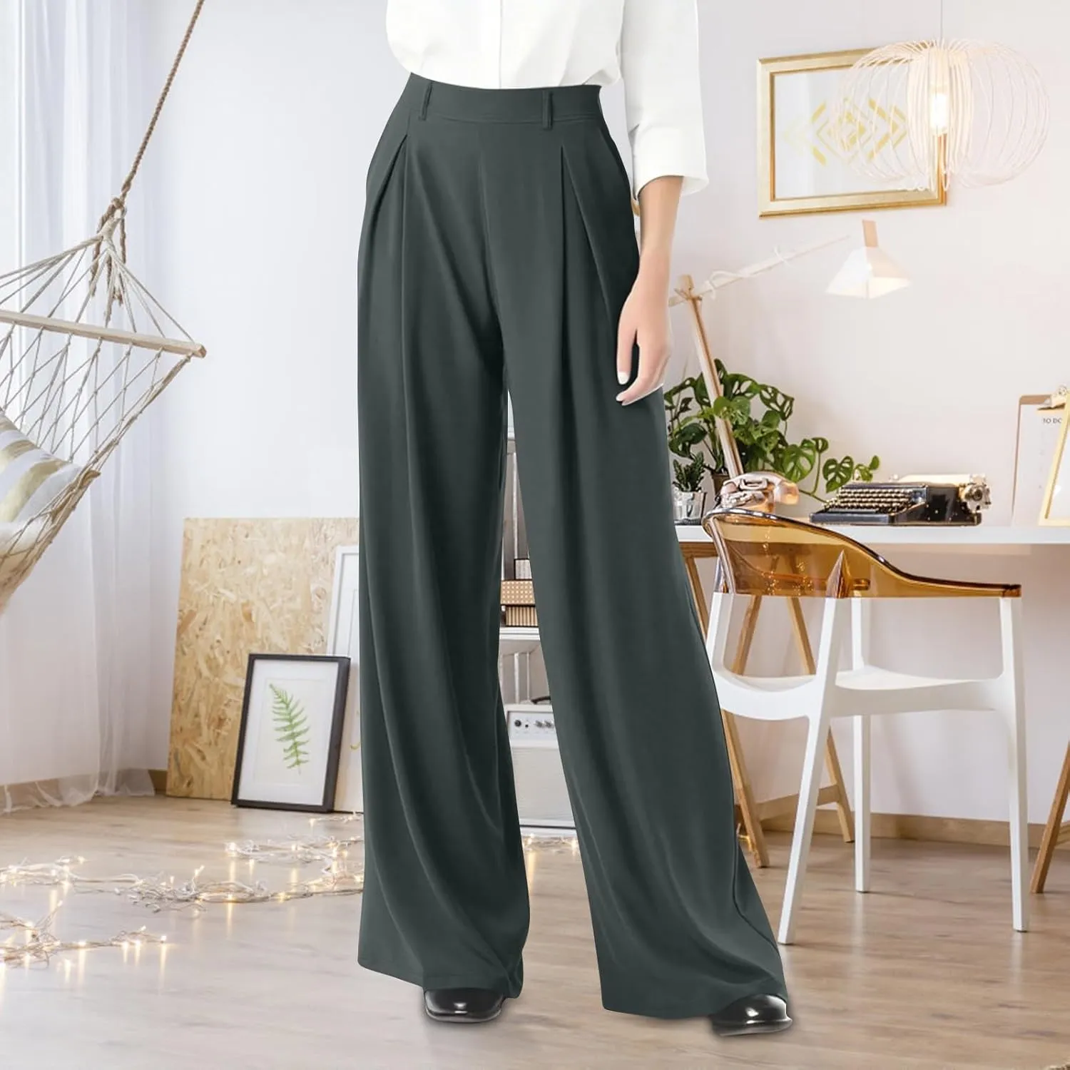 Women's Office Work Pants Drape High Waisted Business Casual Loose Straight Wide Leg Long Dress Trousers with Pocket