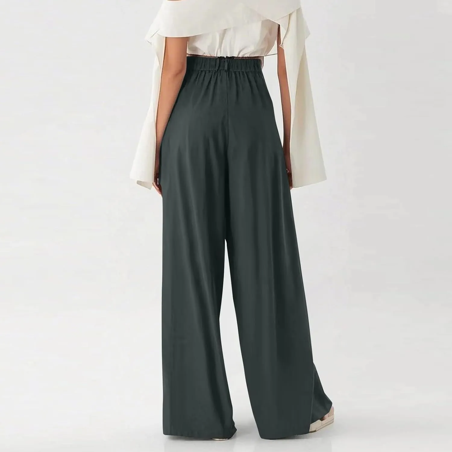 Women's Office Work Pants Drape High Waisted Business Casual Loose Straight Wide Leg Long Dress Trousers with Pocket